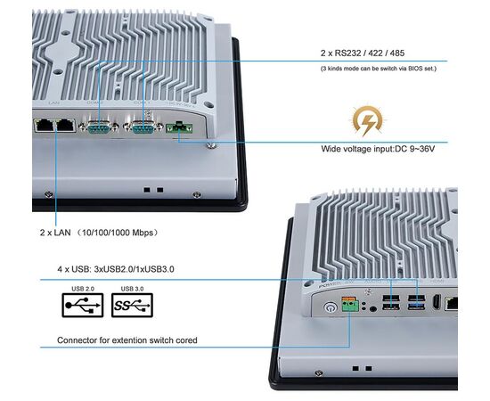 Промышленный панельный компьютер 12.1" с Celeron J1900, 4×USB, 2×RS-232/422/485, 2×GbE LAN и сенсорным экраном, Диагональ экрана: 12.1", Соотношение сторон: 4:3, Сенсорный экран: резистивный, Установленный CPU: Celeron J1900, Материал передней рамки: алюминий анодир., фото 7  – ТА