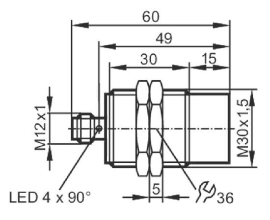 Индуктивный датчик M30×60 (Sn=22 мм), NPN "НО", 24 VDC, разъем M12, фото 4  – ТА