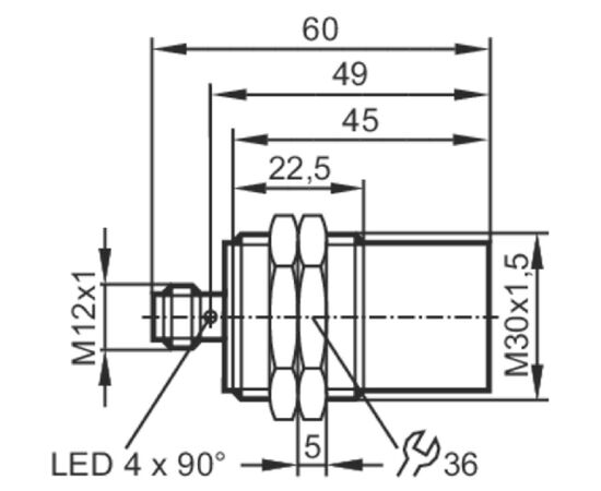 Индуктивный датчик M30×60 (Sn=30 мм, K=1), PNP "НО", 24 VDC, разъем M12, фото 4  – ТА