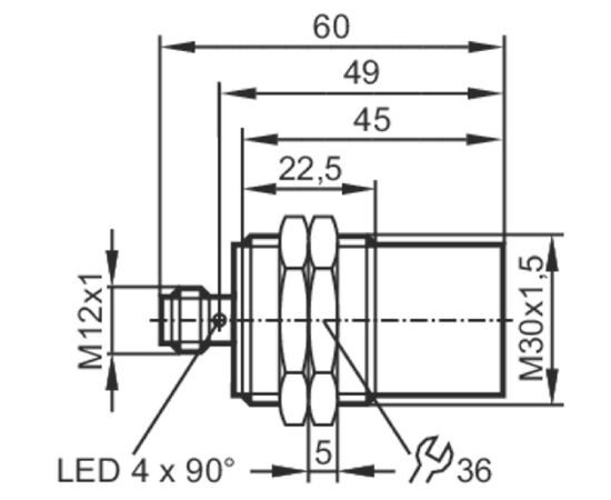 Индуктивный датчик M30×60 (Sn=30 мм, K=1), PNP "НО", 24 VDC, разъем M12, нерж.сталь, фото 4  – ТА
