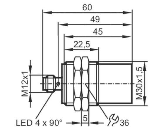 Индуктивный датчик M30×60 (Sn=30 мм, K=1), PNP "НЗ", 24 VDC, разъем M12, нерж.сталь, фото 4  – ТА
