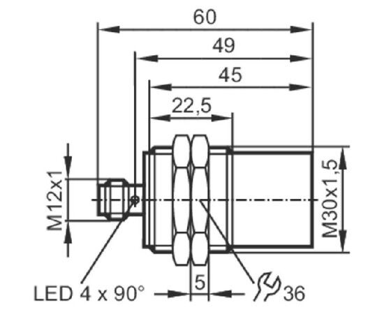 Индуктивный датчик M30×60 (Sn=22 мм, K=1), PNP "НЗ", 24 VDC, разъем M12, нерж.сталь, фото 4  – ТА