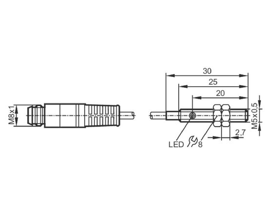 Индуктивный датчик M5×30 (S=0.8 мм), PNP "НО", выносной разъем M8, фото 4  – ТА