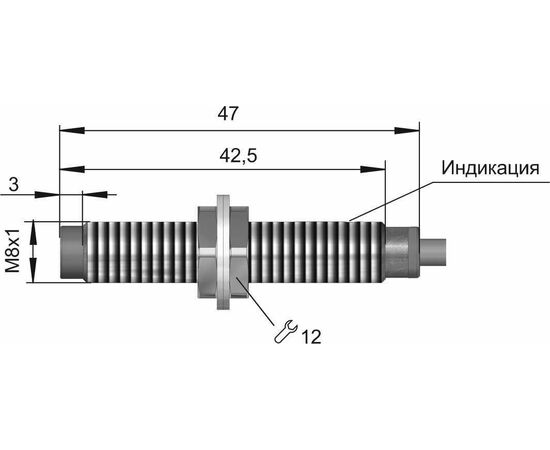 Индуктивный датчик M8×47 (Sn=2.5 мм), NPN "НЗ", 24 VDC, кабель 2 м, Монтажное исполнение: неутапливаемое, Функция выхода: НЗ, Электрическое исполнение: NPN, Модификация: стандарт, Электрическое подключение: кабель, фото 4  – ТА