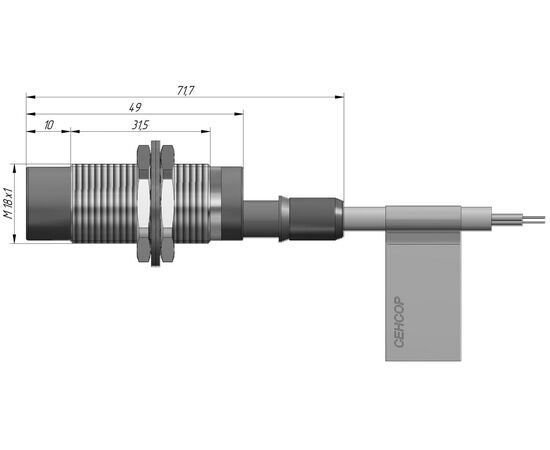 Индуктивный датчик M18×49 (Sn=8 мм), PNP "НО", 24 VDC, кабель 2 м со штуцером для крепления защиты, Монтажное исполнение: неутапливаемое, Функция выхода: НО, Электрическое исполнение: PNP, Модификация: стандарт, Электрическое подключение: кабель со штуцером, фото 4  – ТА