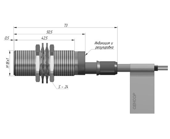 Индуктивный датчик M18×50 (Sn=8 мм с регулировкой), NPN "ИЛИ", 24 VDC, кабель 2 м со штуцером для крепления защиты, Монтажное исполнение: утапливаемое, Функция выхода: НО+НЗ, Электрическое исполнение: NPN, Модификация: увеличенное Sn, Электрическое подключение: кабель со штуцером, фото 4  – ТА