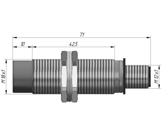 Индуктивный датчик M18×71 (Sn=8 мм), PNP "НО", 24 VDC, разъем M12, Монтажное исполнение: неутапливаемое, Функция выхода: НО, Электрическое исполнение: PNP, Модификация: стандарт, Электрическое подключение: разъем M12, фото 4  – ТА