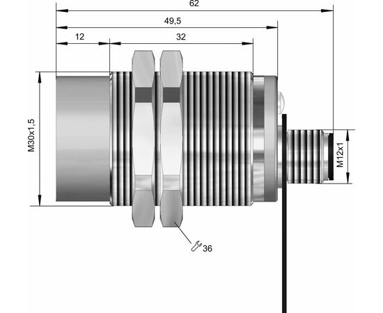 Индуктивный датчик M30×62 (Sn=15 мм), NPN "НО", 24 VDC, разъем M12, Монтажное исполнение: неутапливаемое, Функция выхода: НО, Электрическое исполнение: NPN, Модификация: стандарт, Электрическое подключение: разъем M12, фото 4  – ТА