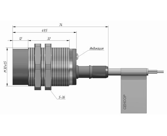 Индуктивный датчик M30×50 (Sn=15 мм), NPN "ИЛИ", 24 VDC, кабель 2 м со штуцером, Монтажное исполнение: неутапливаемое, Функция выхода: НО+НЗ, Электрическое исполнение: NPN, Модификация: стандарт, Электрическое подключение: кабель со штуцером, фото 4  – ТА